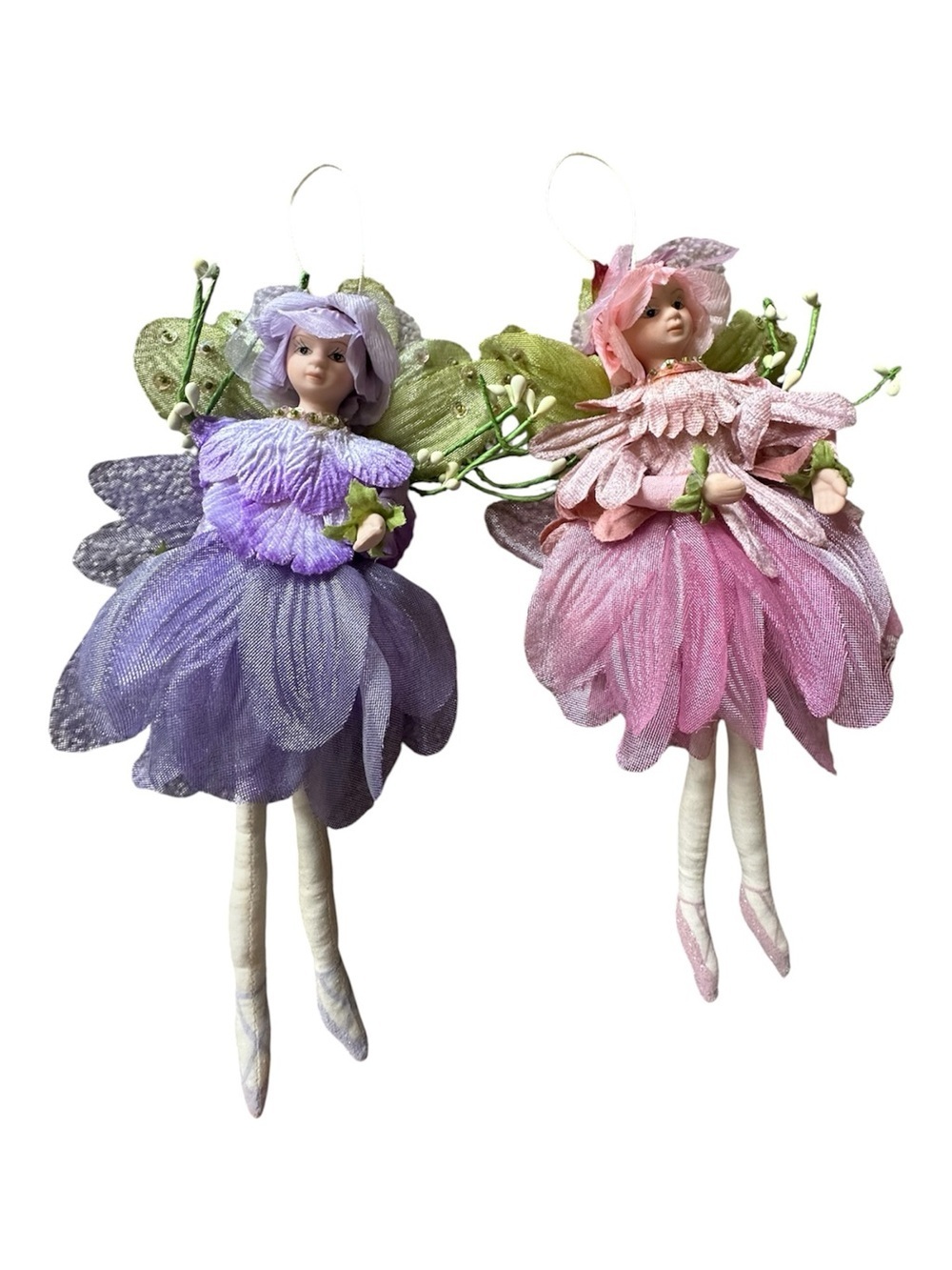 Vintage Purple and Pink Flower Fairy Ornaments - Pair
